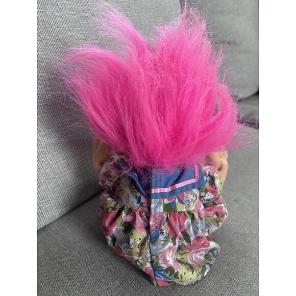Vintage Russ Berrie 11" Troll Plush Soft Body Girl Doll Floral Dress Pink Hair - Picture 3 of 5